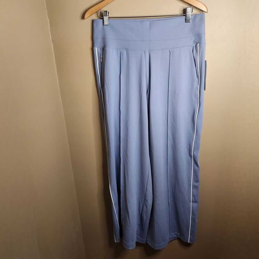 Athleta Venice High Rise Track Stripe Wide Leg Pant Storm Blue White Stripe Sz L